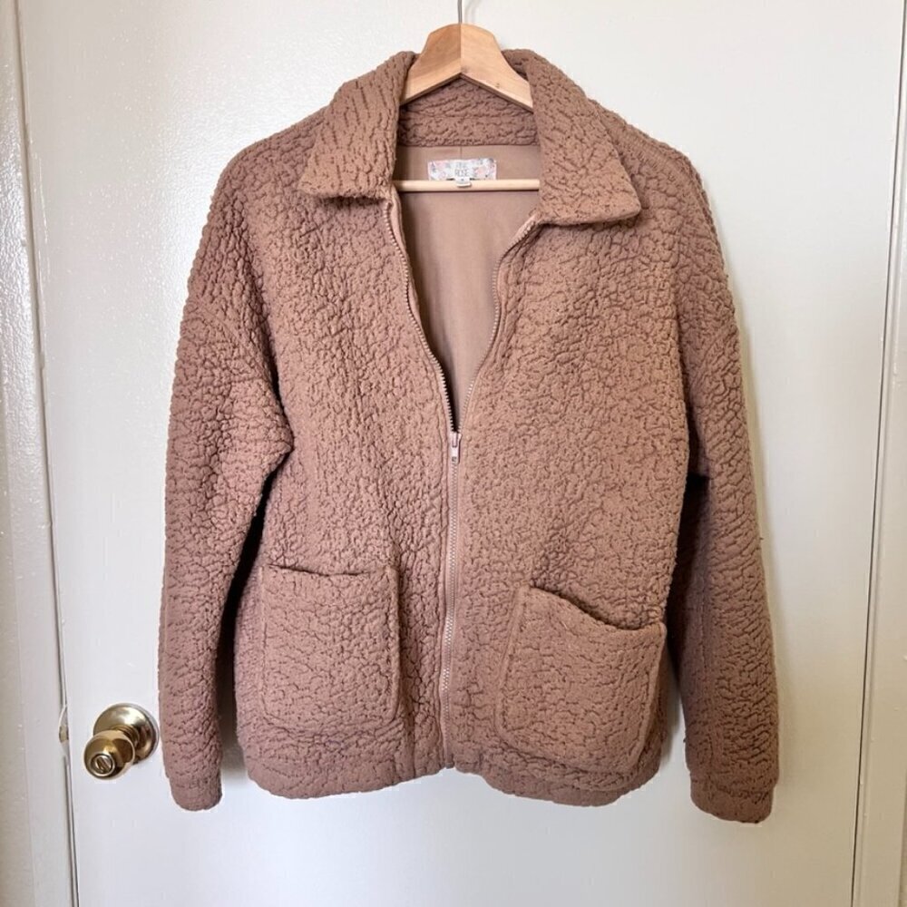 Pink Rose Brown Tan Teddy Jacket M​​​​​​​​​​​​